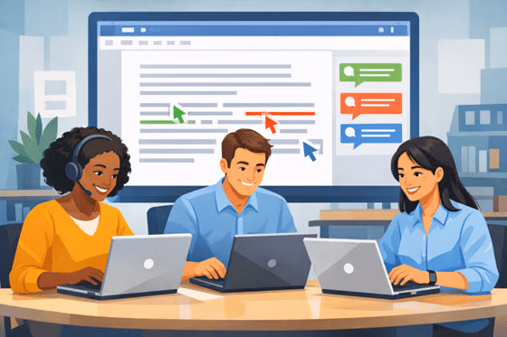 diverse team collaborating on a document in real time