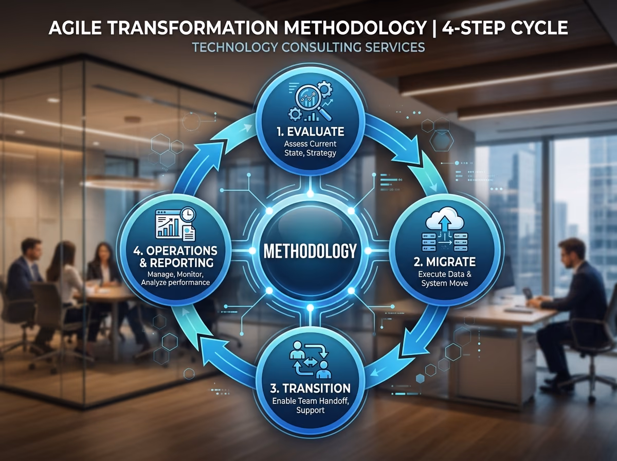 Call center transition methodology cycle showing Evaluate, Migrate, Transition, and Operations & Reporting