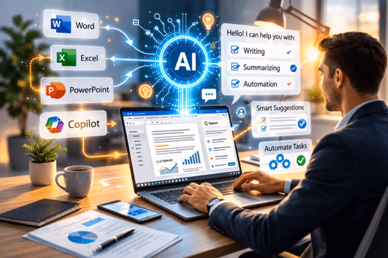 professional receiving suggestions from an AI assistant while working on Office documents