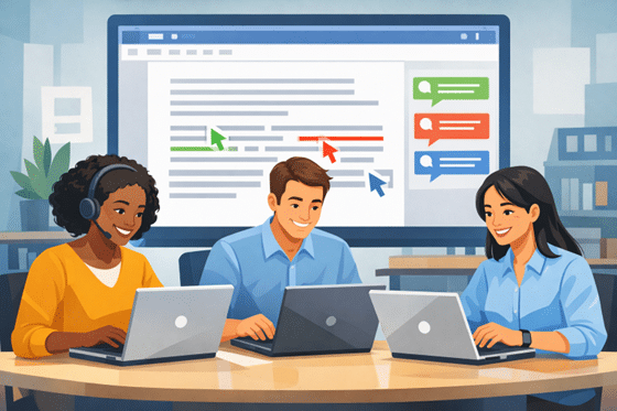 diverse team collaborating on a document in real time